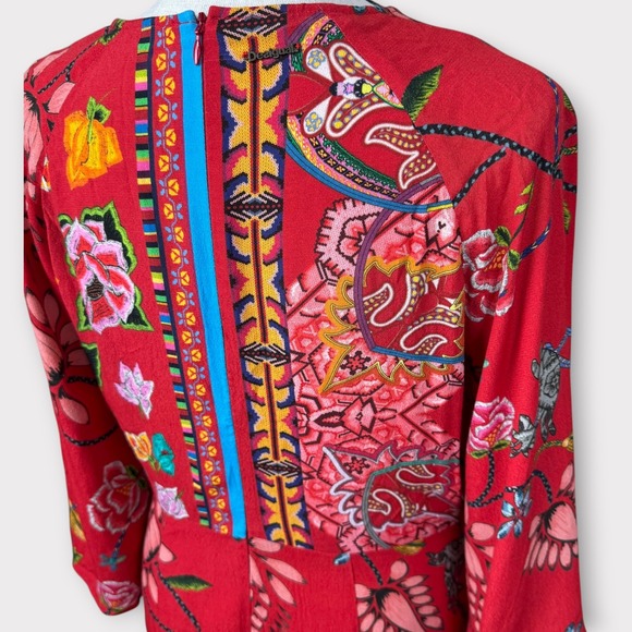 Desigual Red Floral Print Tie Front Dress Knee Length Long Sleeve Size 42 US 8 M - Picture 12 of 15